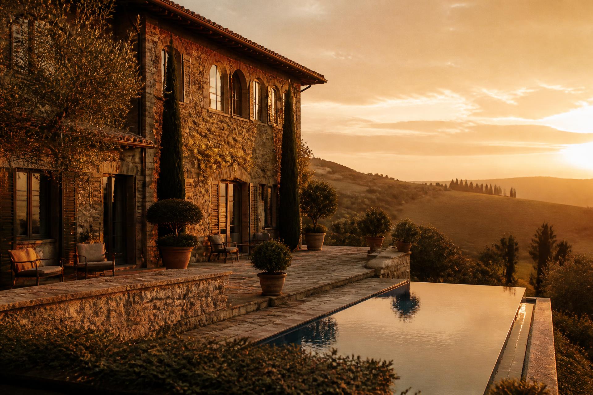 Villa del Sorriso at golden hour, olive groves in Le Marche